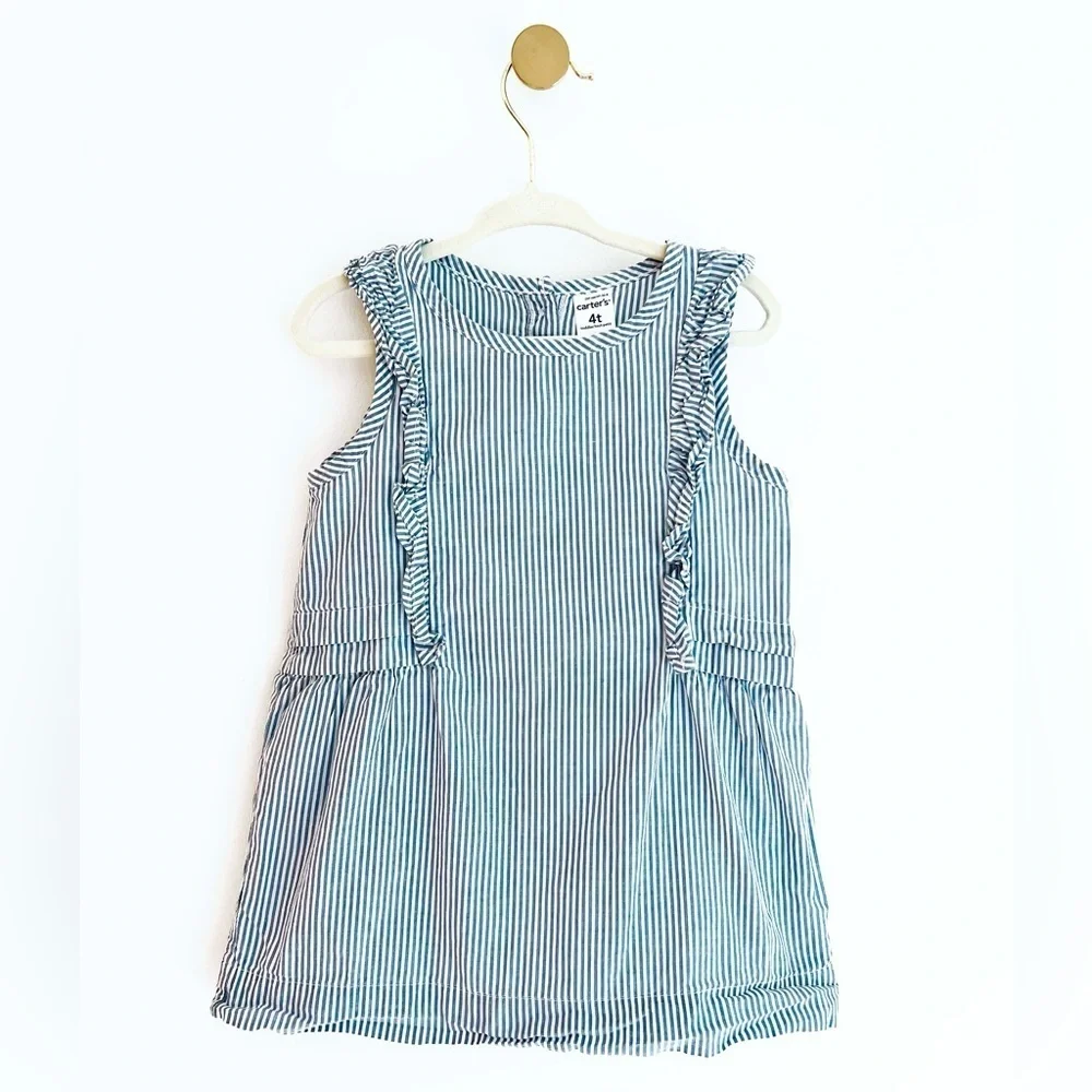 Carter's Blue and White Striped Sleeveless Top with Ruffle Accents | Girls 4T